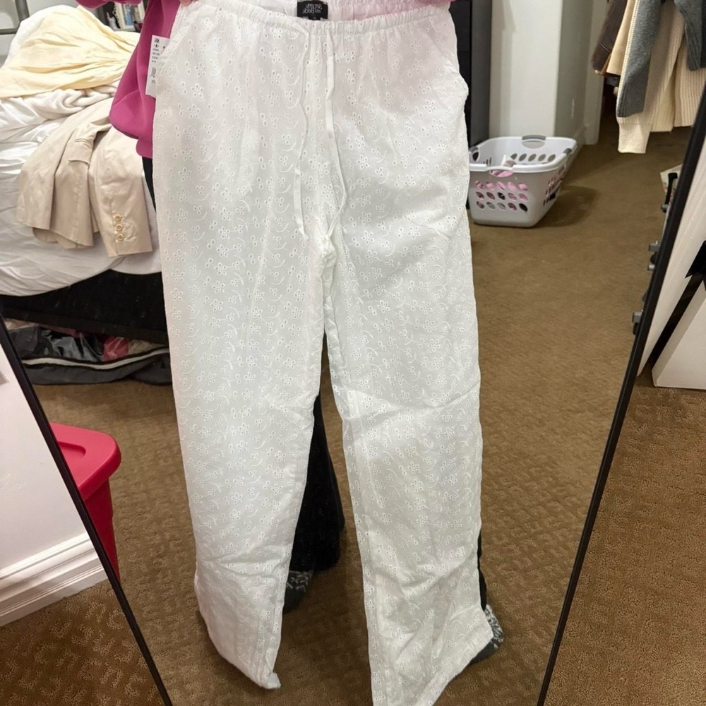 SOLD: White Embroidered Cotton Pants | White Beach Pants | Floral Pajama Bottoms